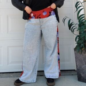 Upcycled Floral Accent Light Wash Wide Leg Jeans